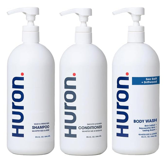 Huron Jumbo Shower Kit - Shampoo, Conditioner, & Body Wash For Men - Sea Salt + Driftwood Scent - Hydrating & Nourishing Men’s Shampoo & Conditioner (30.3 Oz Each)