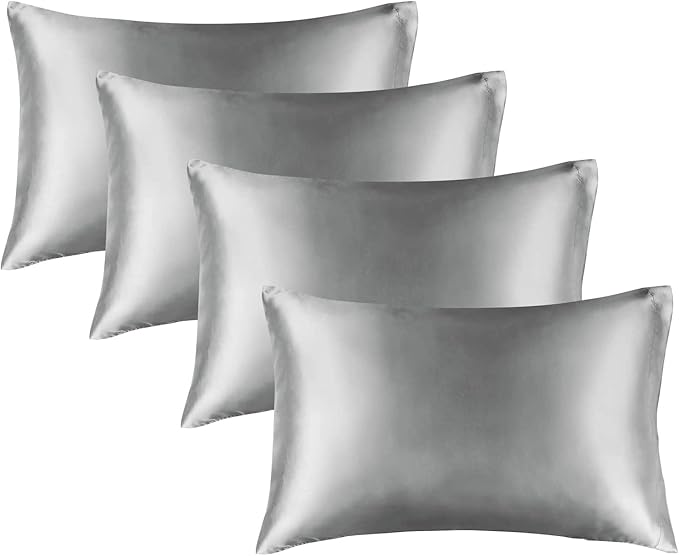 BEDELITE Satin Pillowcase for Hair and Skin, Super Soft Similar to Silk Pillow Cases 4 Pack with Envelope Closure, Cooling Pillowcases for Women Men (20"x40" King Size, Grey)