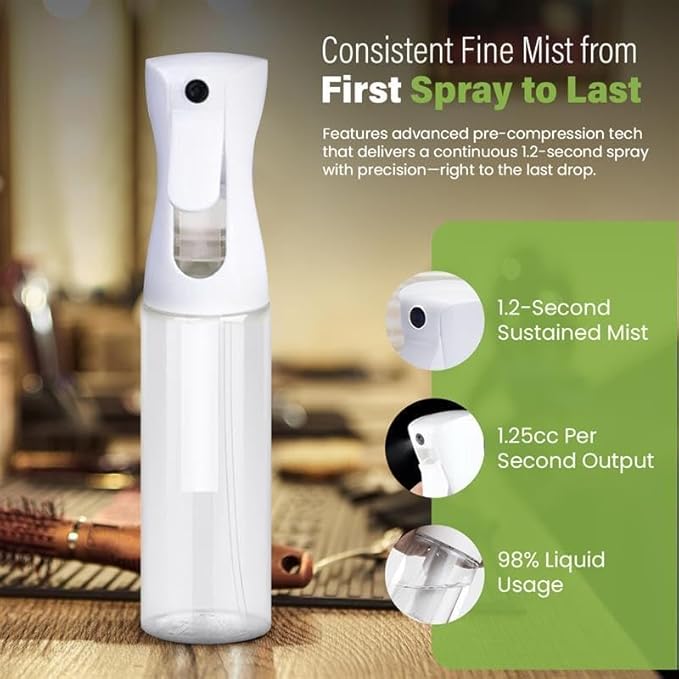 VIGOR PATH Continuous Spray Bottle for Hair – Fine Mist Mister for Styling, Cleaning, Plants, Pets, Salons, and Essential Oil Use (300ml / 10.1 oz, Clear)