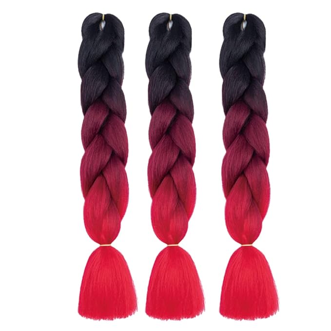 Xiaofeng Braiding Hair Extensions for Women 3 Packs 100g/Pack 24Inch High Temperature Ombre Jumbo Synthetic Braiding Hair for Twist Crochet Braids (24 Inch (Pack of 3), black-wine red-red)