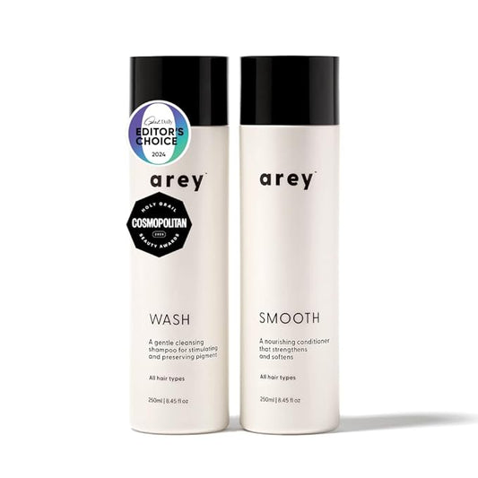 Arey Shower Duo | Daily Wash Shampoo and Smooth Conditioner Set | Delay + Reduce the Signs of Aging Grey Hair | Retain Moisture, Promote Smoothness | Vegan, Gluten-Free & Cruelty Free (2 Pack)