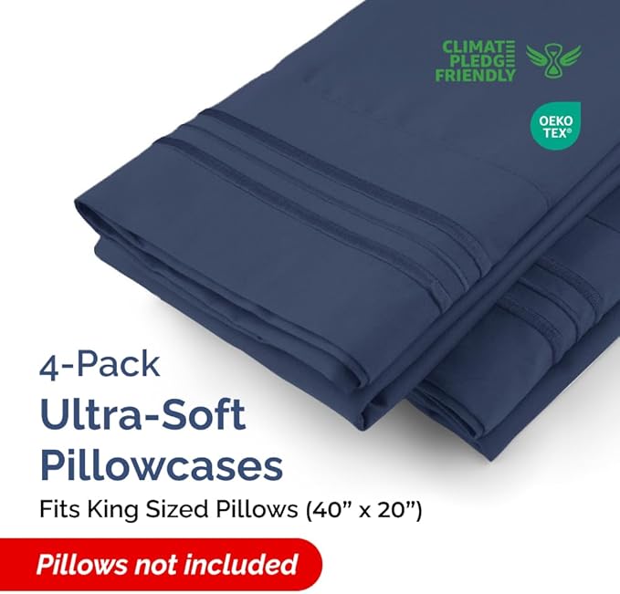 King Pillow Cases Set of 4 - Ultra Soft Hotel Quality Pillowcase Covers - Comfy, Cozy & Wrinkle Free - Shrinkage, Stain & Fade Resistant - Machine Washable Pillow Protectors - 4 Piece Set - Navy Blue