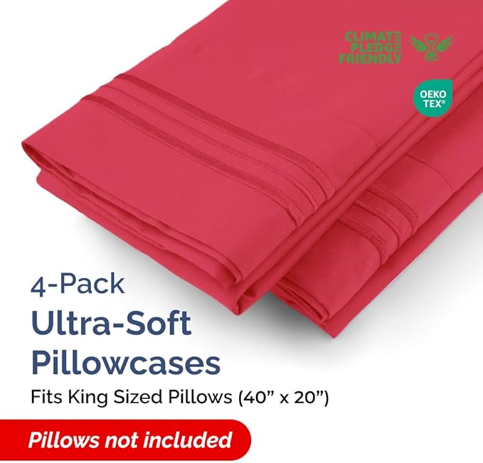 CGK Unlimited King Size Microfiber Pillowcase Set, 4 Pieces, Red