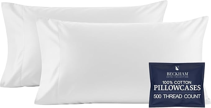 Beckham Hotel Collection 100% Cotton Pillow Cases Standard/Queen Size Set of 2, 500TC, Luxury Sateen Pillowcases, Open End, Breathable, Moisture-Wicking, White
