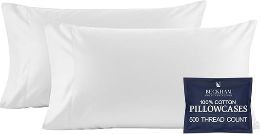 Beckham Hotel Collection 100% Cotton Pillow Cases Standard/Queen Size Set of 2, 500TC, Luxury Sateen Pillowcases, Open End, Breathable, Moisture-Wicking, White