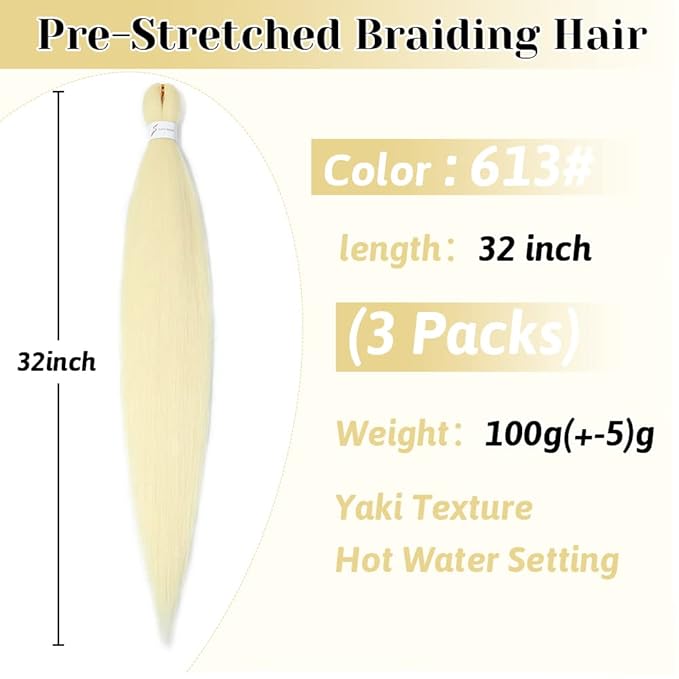 Umylar 613 Braiding Hair Extensions 32 Inch Pre stretched Braiding Hair Yaki Braids Hair Hot Water Setting Synthetic Hair Colored Braiding Hair Pre stretched Crochet Hair(32Inch,3 Packs,613#)