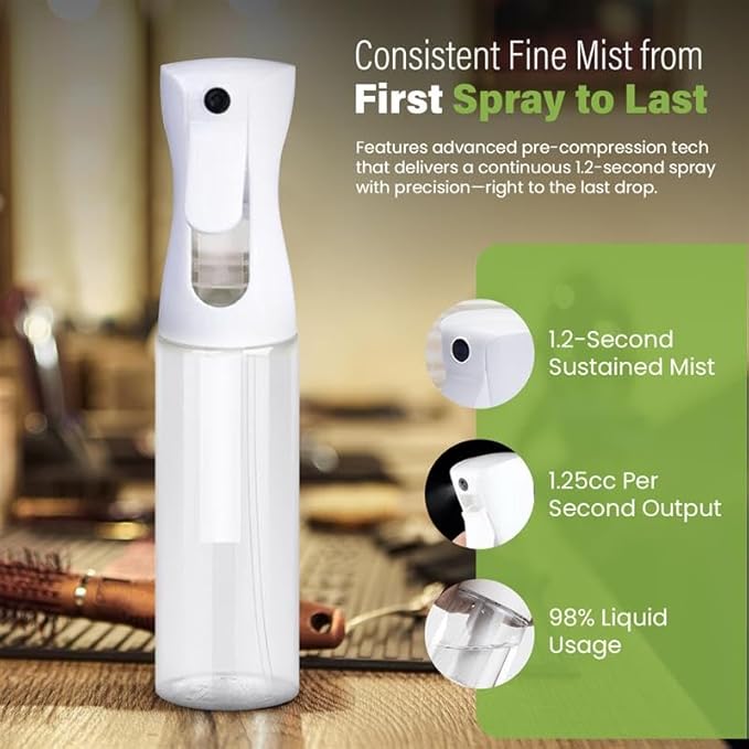 VIGOR PATH Continuous Spray Bottle for Hair – Fine Mist Mister for Hairstyling, Cleaning, Plants, Pets, Barbers, Salons, and Essential Oil Applications (300ml/10 oz) Clear 2 Pack