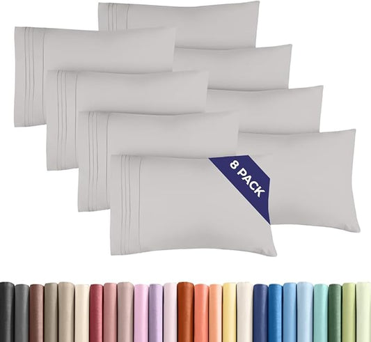 King Pillow Cases Set of 8 - Ultra Soft Hotel Quality Pillowcase Covers - Comfy, Cozy & Wrinkle Free - Shrink, Stain and Fade Resistant - Machine Washable Pillow Protectors - 8 Piece Set - French Grey