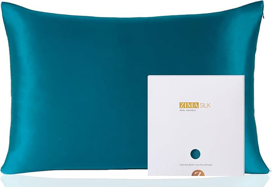 ZIMASILK 100% Pure Mulberry Silk Pillowcase for Hair and Skin Health,Soft and Smooth,Both Sides Premium Grade 6A Silk,600 Thread Count,with Hidden Zipper,1pc (King 20''x36'',Turquoise)
