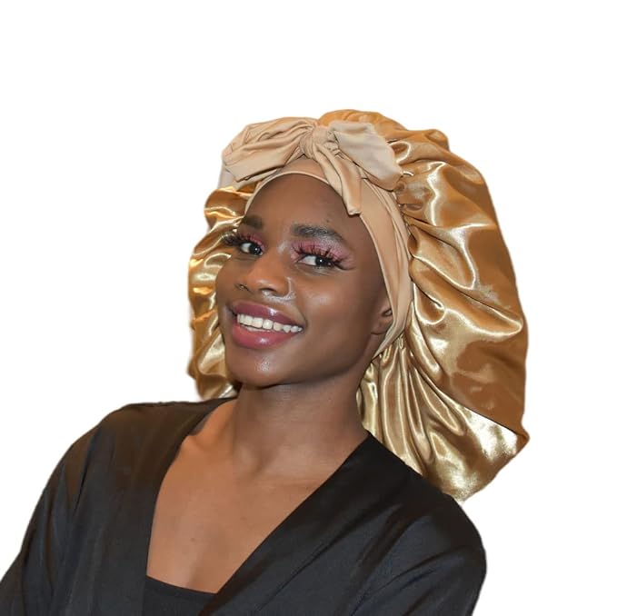 BONNET QUEEN Large Satin Silk Bonnet for Sleeping Women's Curly Hair - Big Night Sleep Cap Scarf Wrap with Tie Band - Yellow Gold
