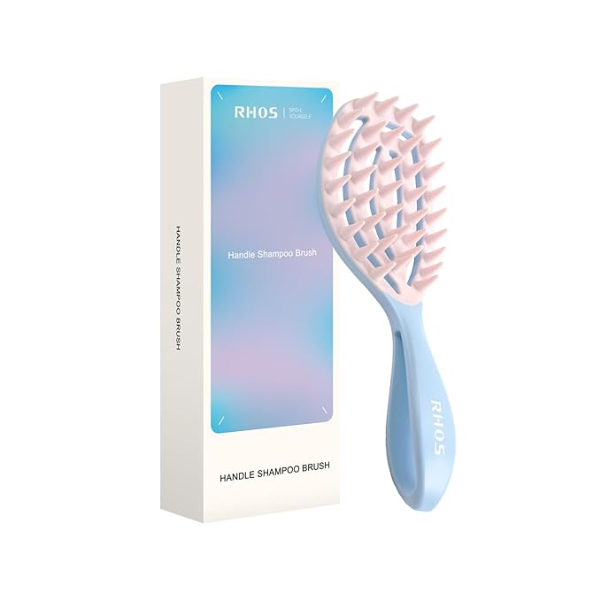 RHOS Scalp Massager, Shampoo Brush with Handle, Curved Vented Hair Scrubber, Scalp Brush for Wet & Dry Hair (Blue)