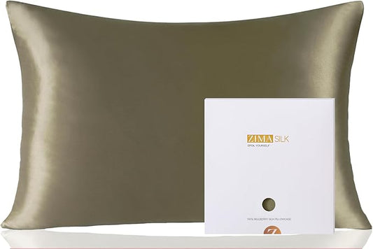ZIMASILK 100% Pure Mulberry Silk Pillowcase for Hair and Skin Health,Soft and Smooth,Both Sides Premium Grade 6A Silk,600 Thread Count,with Hidden Zipper,1pc (King 20''x36'',Olive Grey)