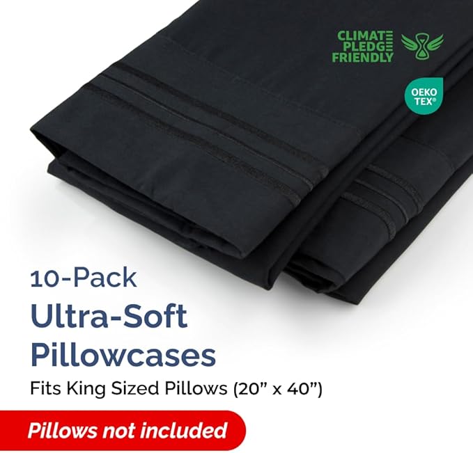 King Pillow Cases Set of 10 - Ultra Soft Hotel Quality Pillowcase Covers - Comfy & Wrinkle Free - Shrink, Stain and Fade Resistant - Easy-Care, Machine Washable Pillow Protectors - 10 Pcs Set - Black