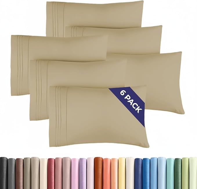King Pillow Cases Set of 6 - Ultra Soft Hotel Quality Pillowcase Covers - Comfy & Wrinkle Free - Shrink, Stain and Fade Resistant - Easy-Care, Machine Washable Pillow Protectors - 6 Piece Set - Beige