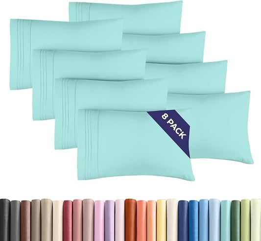 King Pillow Cases Set of 8 - Ultra Soft Hotel Quality Pillowcase Covers - Comfy & Wrinkle Free - Shrink, Stain & Fade Resistant - Easy-Care, Machine Washable Pillow Protectors - 8 Piece Set - Spa Blue