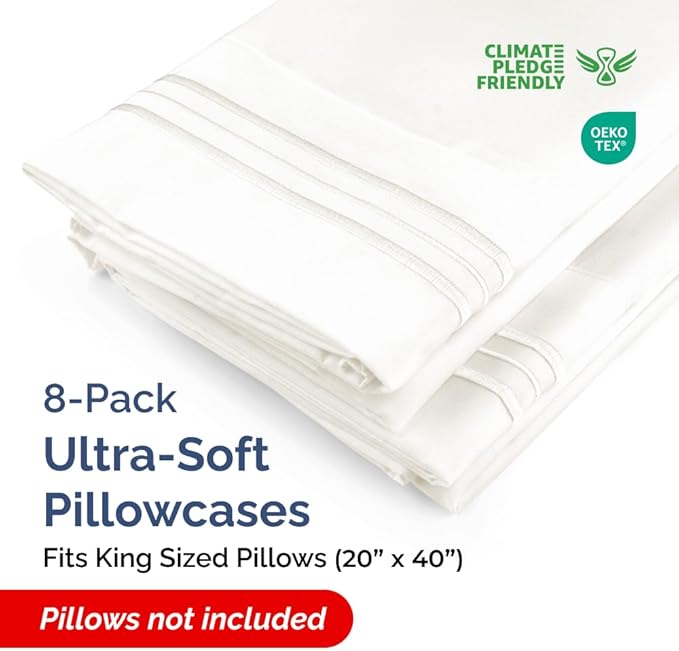 King Pillow Cases Set of 8 - Ultra Soft Hotel Quality Pillowcase Covers - Comfy, Cozy & Wrinkle Free - Shrink, Stain & Fade Resistant - Machine Washable Pillow Protectors - 8 Piece Set - Antique White