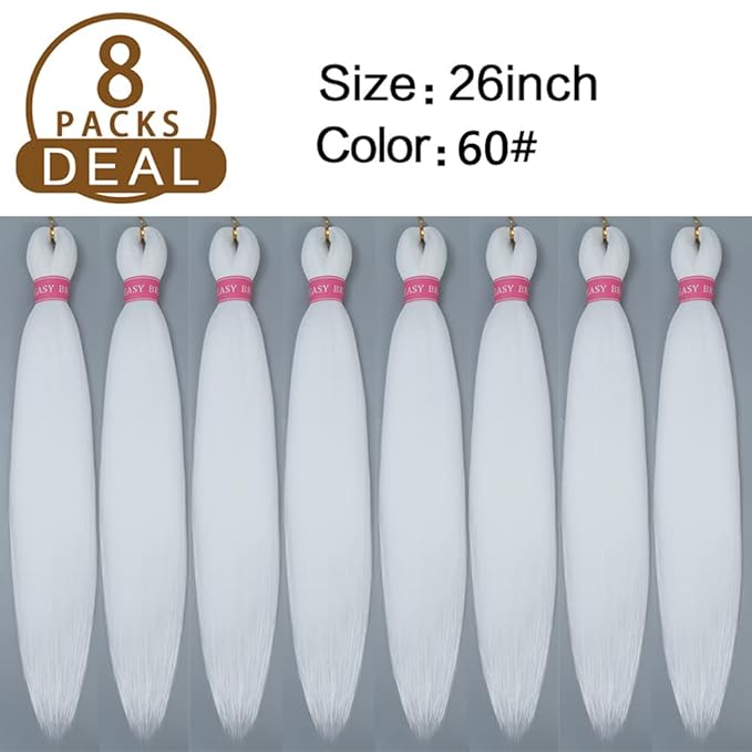 AQINBEL White Braiding Hair 8 Bundles/Pack 26" Braiding Hair Pre Stretched Itch Free Crochet Twist Braids Hair Yaki Texture Hair for Braiding Extensions for Women (White)