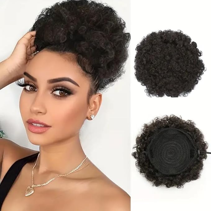 Afro Puff Ponytail Drawstring Extensions Wigs Real Human Hair for Girls Women, Natural Black Virgin Hair 8 Inch Afro Puff Hair Extensions Clip On Kinky Drawstring Curly Ponytail Bun Hairpiece Wigs