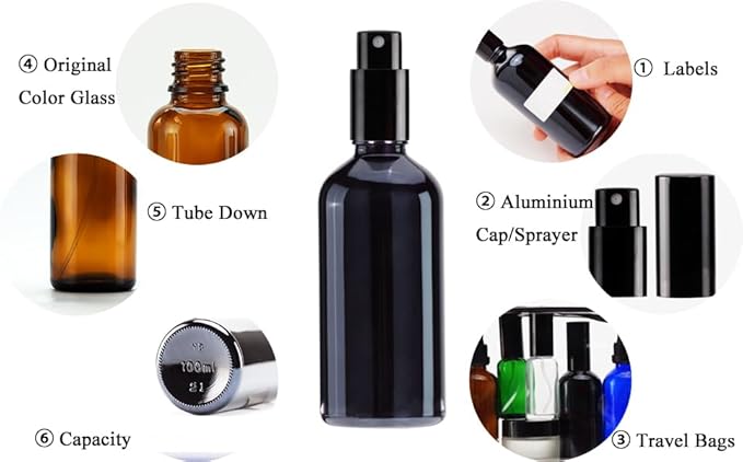 YIZHAO Black Glass Spray Bottles 4oz, with Small Fine Mist Spray, Metal Cap, Refillable for Essential Oil,Travel,Cleaning,Perfume,Aromatherapy,Makeup – 9 Pcs