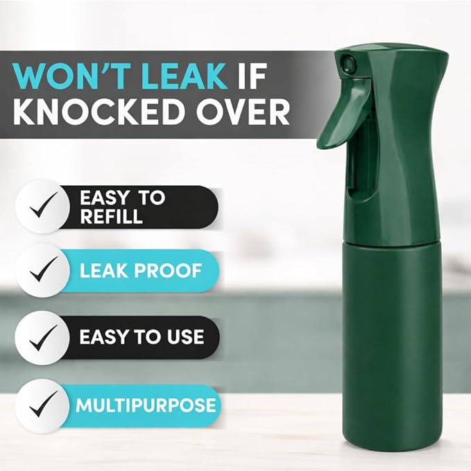 Hula Home Continuous Spray Bottle for Hair (10.1oz/300ml) Empty Ultra Fine Plastic Water Mist Sprayer – For Hairstyling, Cleaning, Salons, Plants, Essential Oil Scents & More - Green