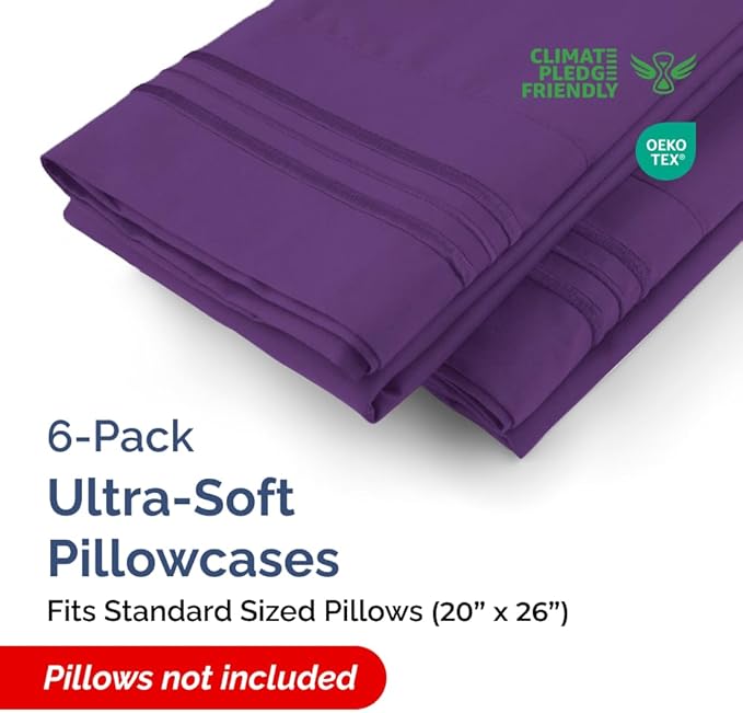 Queen Pillow Cases Set of 6 - Ultra Soft Hotel Quality Pillowcase Covers - Comfy & Wrinkle Free - Shrink, Stain & Fade Resistant - Easy-Care, Machine Washable Pillow Protectors - 6 Piece Set - Purple