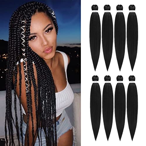 Pre-stretched Braiding Hair - 28 Inch 8 Packs Natural Black Super Long Braiding Hair For Twist or Box Braids, Yaki Texture Hot Water Setting Synthetic Braiding Hair Extensions (28 Inch, 1B-8P)
