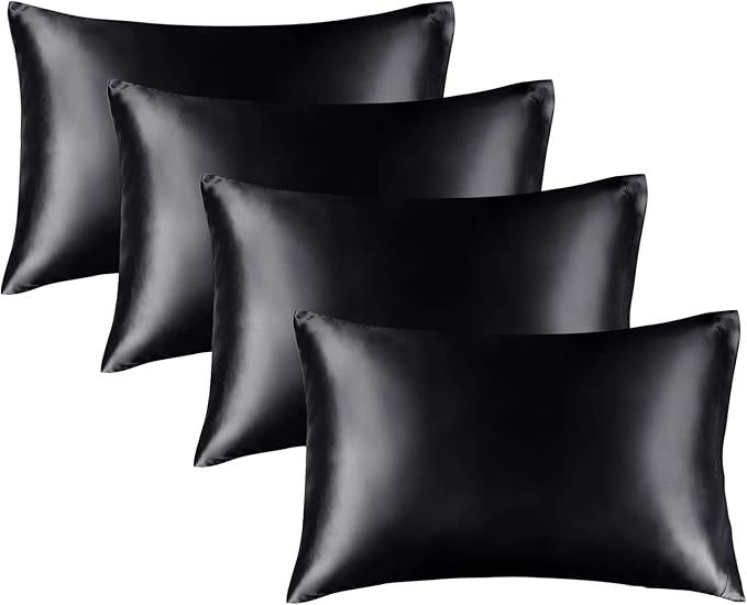 BEDELITE Satin Pillowcase for Hair and Skin, Super Soft Similar to Silk Pillow Cases 4 Pack with Envelope Closure, Cooling Pillowcases for Women Men (20"x30" Queen Size, Black)