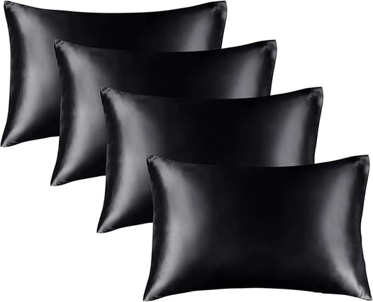BEDELITE Satin Pillowcase for Hair and Skin, Super Soft Similar to Silk Pillow Cases 4 Pack with Envelope Closure, Cooling Pillowcases for Women Men (20"x30" Queen Size, Black)