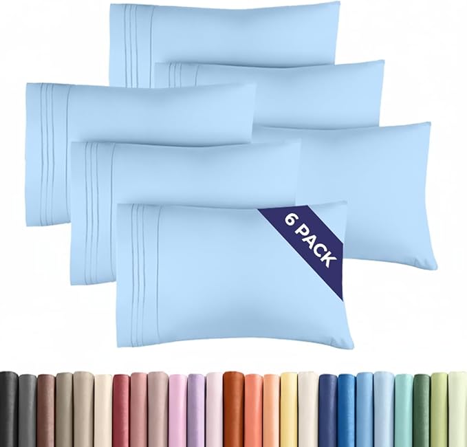 King Pillow Cases Set of 6 - Ultra Soft Hotel Quality Pillowcase Covers - Comfy. Cozy & Wrinkle Free - Shrink, Stain and Fade Resistant - Machine Washable Pillow Protectors - 6 Piece Set - Light Blue