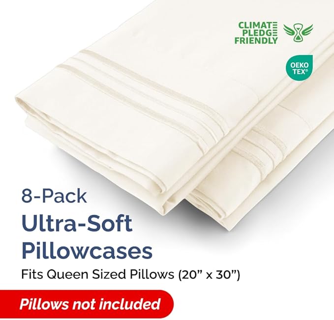 Queen Pillow Cases Set of 8 - Ultra Soft Hotel Quality Pillowcase Covers - Comfy, Cozy & Wrinkle Free - Shrink, Stain and Fade Resistant - Machine Washable Pillow Protectors - 8 Piece Set - Off White