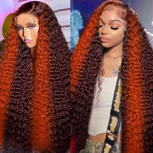 250% Density 34 Inch Deep Wave Lace Front Wigs Human Hair Pre Plucked 13x6 HD Transparent Lace Frontal Wigs Ginger Orange Colored Human Hair Deep Curly Glueless Wigs Human Hair for Women