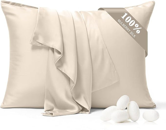 100% Pure Silk Pillowcase 2 Pack for Hair and Skin, Both Sides 23 Momme Grade 6A+ Mulberry Silk Pillowcases with Hidden Zipper, Soft&Smooth Cooling Pillow Cases (Buff Beige, Queen 20x30)