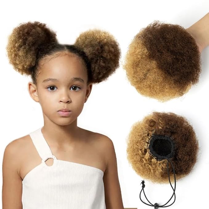 Afro Puff Ponytail for Black Women 100% Human Hair Ponytail Extension Short Updo Hair Buns Small Size Curly Ponytail for Little Girls 1PCS 4 Inch Medium Brown/Dark Blonde Color