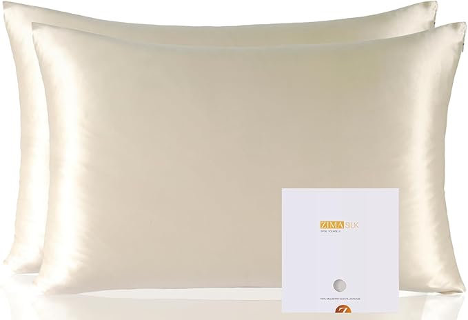 ZIMASILK 100% Pure Mulberry Silk Pillowcase 2 Pack, Soft and Smooth,Both Sides Premium Grade 6A Silk,600 Thread Count,with Hidden Zipper for Men and Women Family (Standard 20"x26", Beige)
