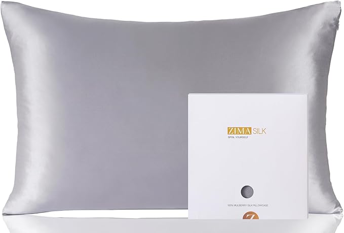 ZIMASILK 100% Pure Mulberry Silk Pillowcase for Hair and Skin Health,Soft and Smooth,Both Sides Premium Grade 6A Silk,600 Thread Count,with Hidden Zipper,1pc (King 20''x36'',Silver Grey)