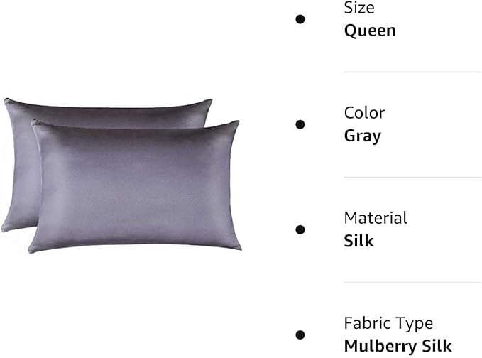 100% Mulberry Silk Pillowcases Set of 2 for Hair and Skin and Super Soft and Breathable Queen Size Nature Silk Pillowcases (Queen, Gray)