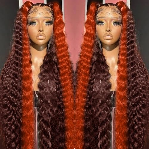 250% Density 36 Inch Deep Wave Lace Front Wigs Human Hair Pre Plucked 13x6 HD Transparent Lace Frontal Wigs Ginger Orange Colored Human Hair Deep Curly Glueless Wigs Human Hair for Women