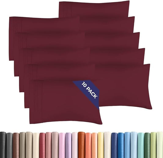 King Pillow Cases Set of 10 - Ultra Soft Hotel Quality Pillowcase Covers - Comfy & Wrinkle Free - Shrink, Stain & Fade Resistant - Easy-Care, Machine Washable Pillow Protectors - 10 Pcs Set - Burgundy