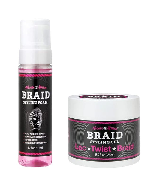 Nicole & Alyssa Hair Styling Agent: Braid Foam (7.2oz) and Loc/Twist Braid Gel (15.7oz) Combo