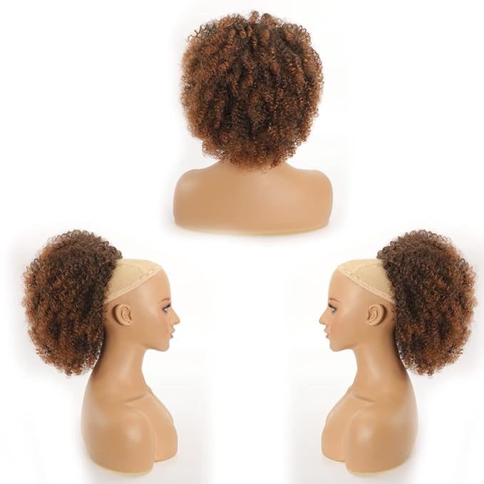 Afro Puff kinky curly Drawstring Ponytail Extension for Black Women Synthetic Short Afro Kinkys Curly Afro Bun Extension Hairpieces Updo Hair Extensions with Two Clips(1B) (18inch, T30#)