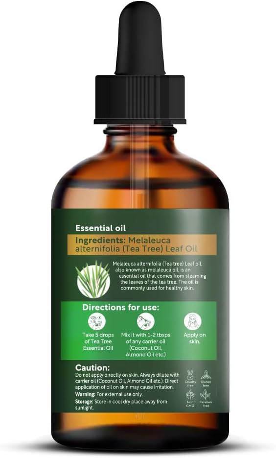 Tea Tree Essential Oil for Skin - Huge 3.3 Fl Oz - 100% Pure - Premium Grade with Glass Dropper, Undiluted, Non-GMO
