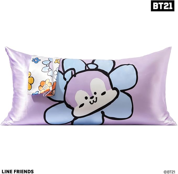 Kitsch x BT21 Satin Pillowcase with Zipper – Better Than Silk Pillowcase, Mang Character & Funky Floral Print – Soft Cooling Toddler Bed Time Pillow Case for Hair & Skin – King Size 19x36