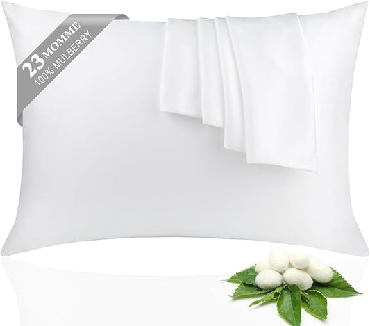 100% Silk Pillowcase 2 Pack for Hair and Skin, Both Sides 23 Momme Grade 6A+ Mulberry Silk Pillowcases with Hidden Zipper, Soft&Smooth Cooling Pillow Cases (White, Standard 20×26)