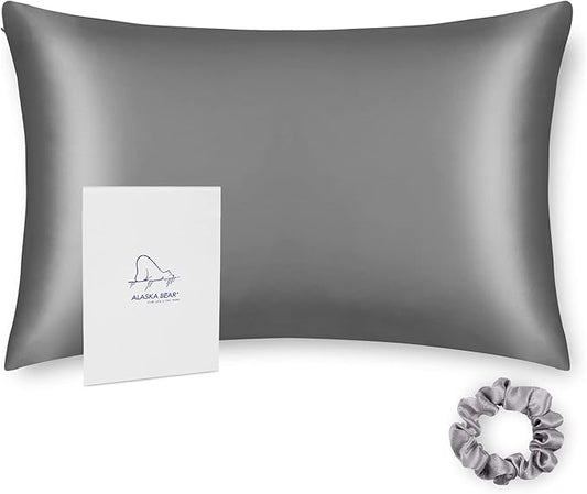 ALASKA BEAR Natural Silk Pillowcase, Hypoallergenic, 19 Momme, 600 Thread Count 100 Percent Mulberry Silk, King Size with Hidden Zipper (1pc, Iron Grey)