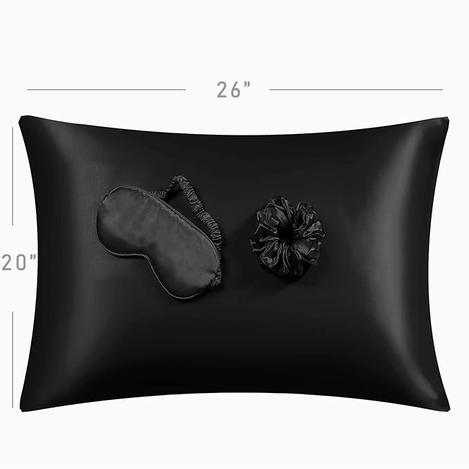 Black Satin Pillowcase for Hair and Skin, Vegan Silk Pillowcase Set-2 Satin Pillowcases, 1 Eye Mask, 1 Scrunchie-Luxury Sleep Set, Silky Standard Satin Pillow Cases with Envelope Closure