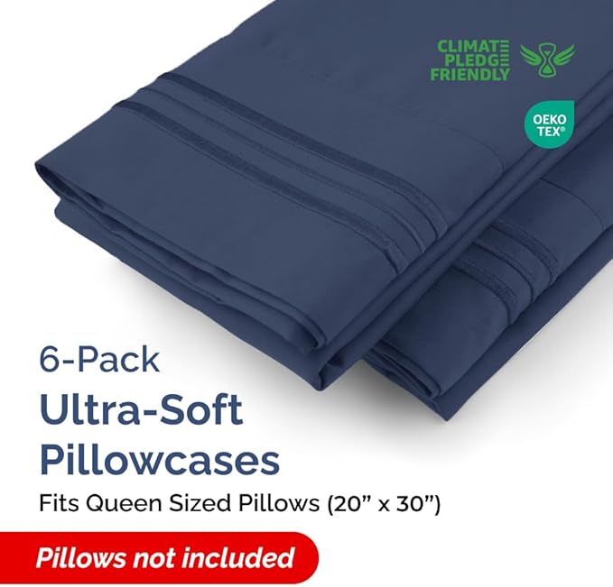 Queen Pillow Cases Set of 6 - Ultra Soft Hotel Quality Pillowcase Covers - Comfy, Cozy & Wrinkle Free - Shrink, Stain and Fade Resistant - Machine Washable Pillow Protectors - 6 Piece Set - Navy Blue