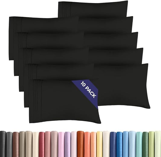 Queen Pillow Cases Set of 10 - Ultra Soft Hotel Quality Pillowcase Covers - Comfy & Wrinkle Free - Shrink, Stain and Fade Resistant - Easy-Care, Machine Washable Pillow Protectors - 10 Pcs Set - Black