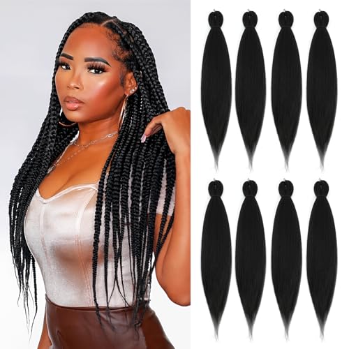 Pre-stretched Braiding Hair - 40 Inch 8 Packs Natural Black Super Long Braiding Hair For Twist or Box Braids, Yaki Texture Hot Water Setting Synthetic Braiding Hair Extensions (40 Inch, 1B-8P)
