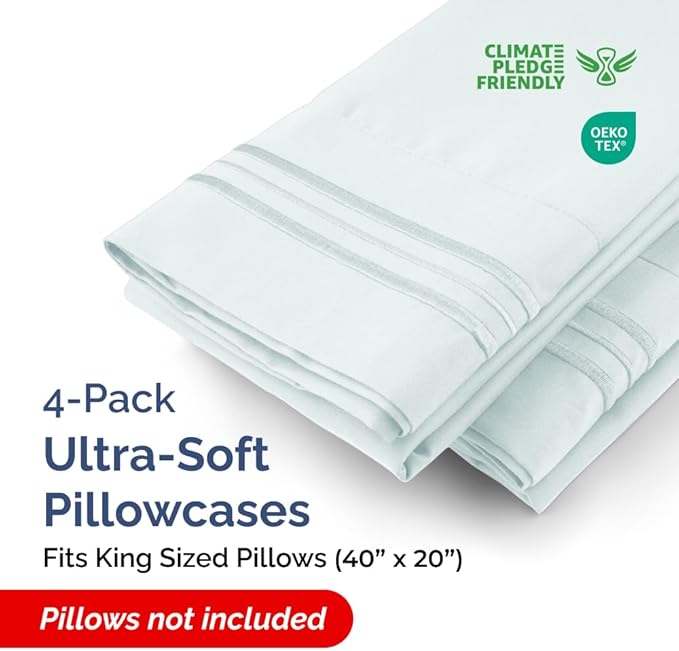 King Pillow Cases Set of 4 - Ultra Soft Hotel Quality Pillowcase Covers - Comfy, Cozy & Wrinkle Free - Shrinkage, Stain and Fade Resistant - Machine Washable Pillow Protectors - 4 Piece Set - Ice Blue