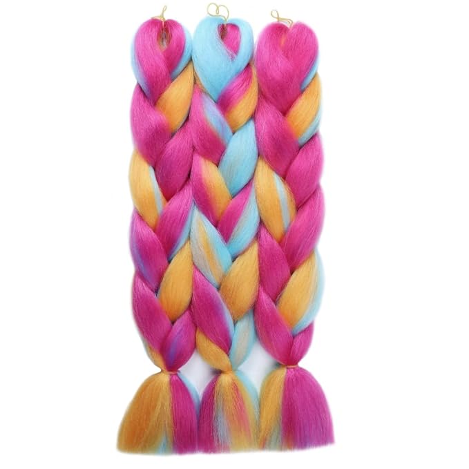 Xiaofeng Colorful Ombre Braiding Hair Extensions 24 Inch 3 Packs High Temperature Jumbo Crochet Braiding Hair for Box Twist Braids (24 Inch (Pack of 3), Rainbow 5)